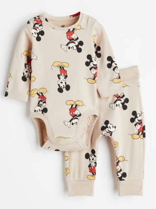 H&M Other - H&M Beige Mickey Mouse Baby One-Piece Set with Red & Yellow Accents